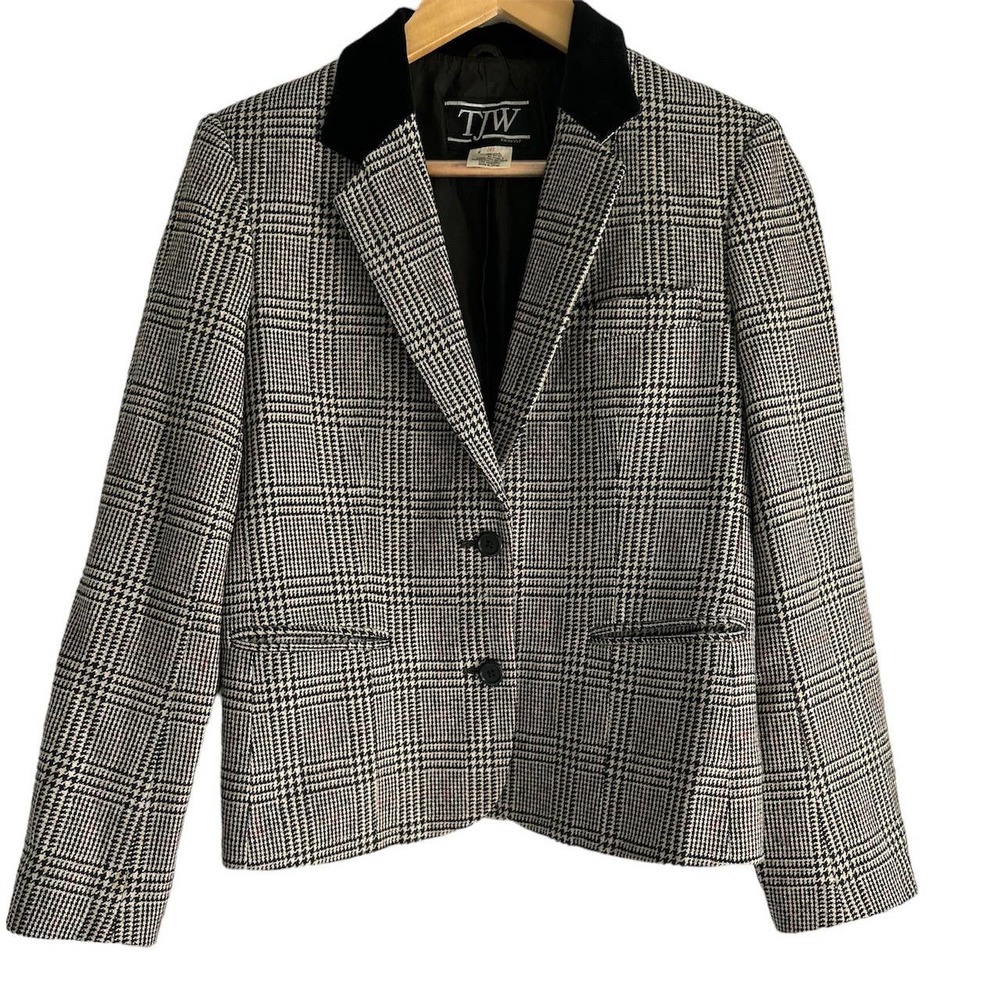TJW Vintage Womens Size 10 Houndstooth Plaid Blazer Jacket with‎ Velvet Collar